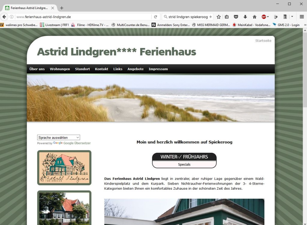Screenshot der Webseite des Ferienhauses Astrid Lindgren mit Blick auf Dünen und Meer.