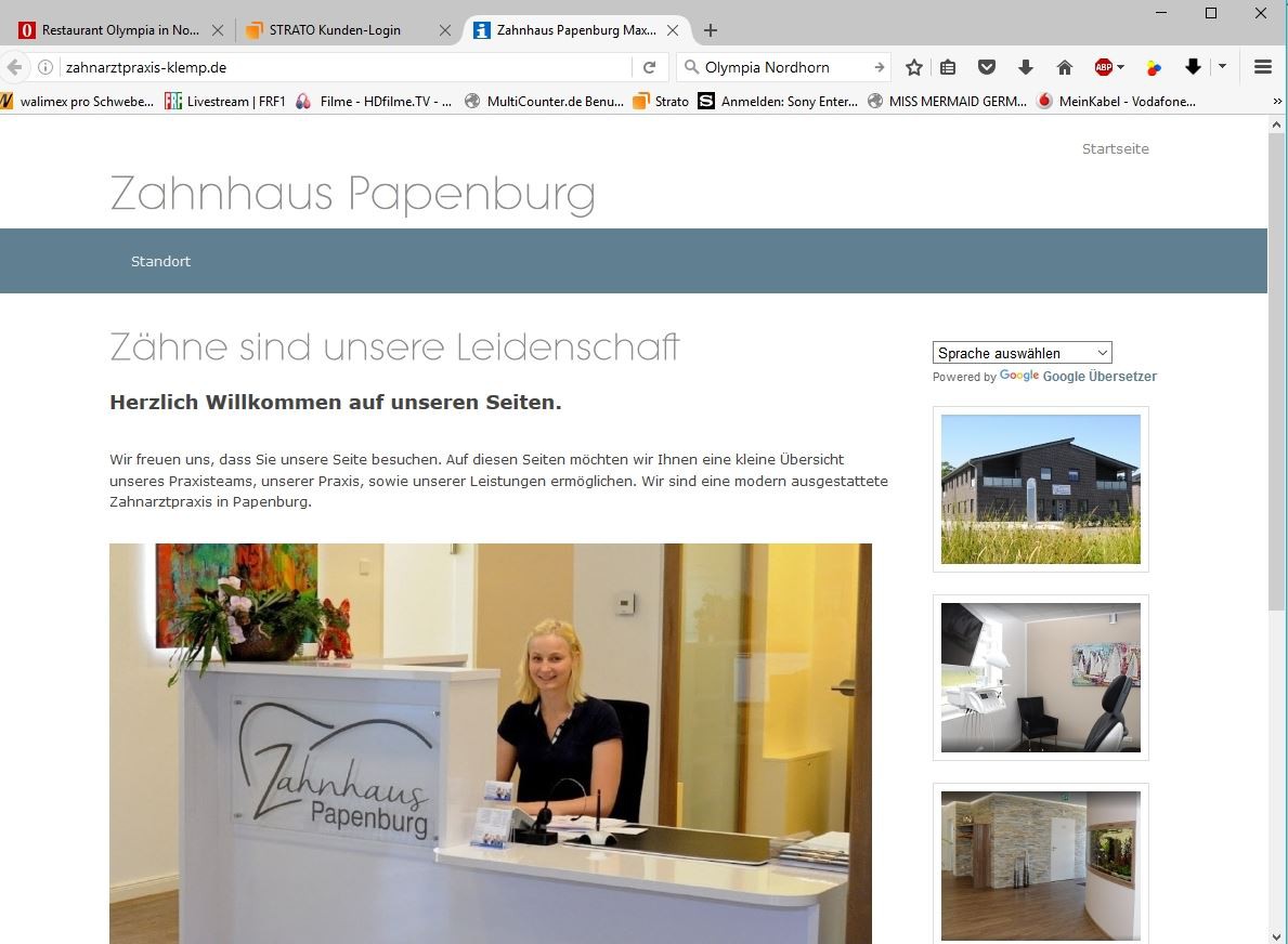 Screenshot der Webseite des Zahnhauses Papenburg, einer modernen Zahnarztpraxis, die eine Empfangsaufnahme und Fotos der Einrichtung präsentiert.